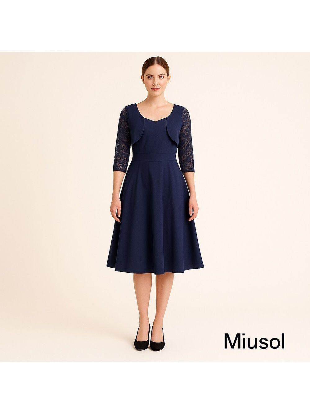 Miusol dress navy blue lace 3/4 sleeves stretchy  A-Line midi small fit & flare